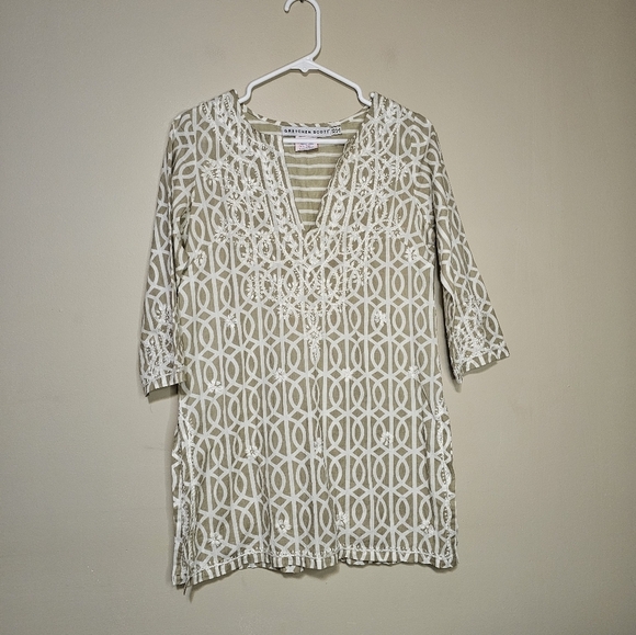 Gretchen Scott 3/4 Sleeve Tunic Top Embroidered Pullover Women's Size XS Tan - Picture 1 of 6